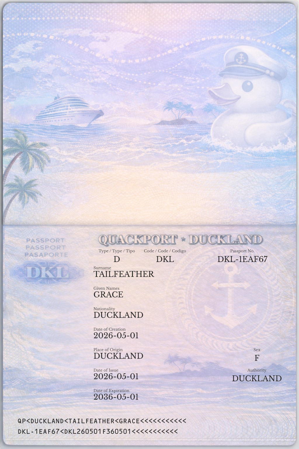 Official duck passport for GRACE TAILFEATHER