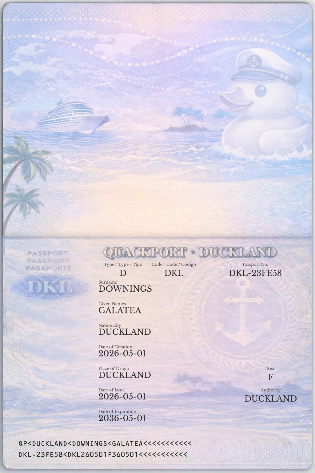 Official duck passport for GALATEA DOWNINGS