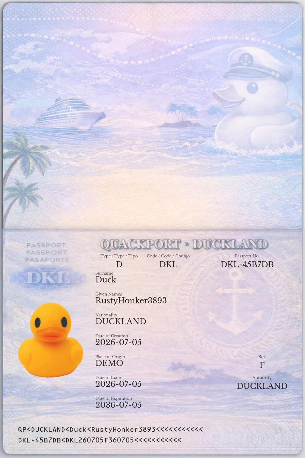 Official duck passport for RustyHonker3893 Duck