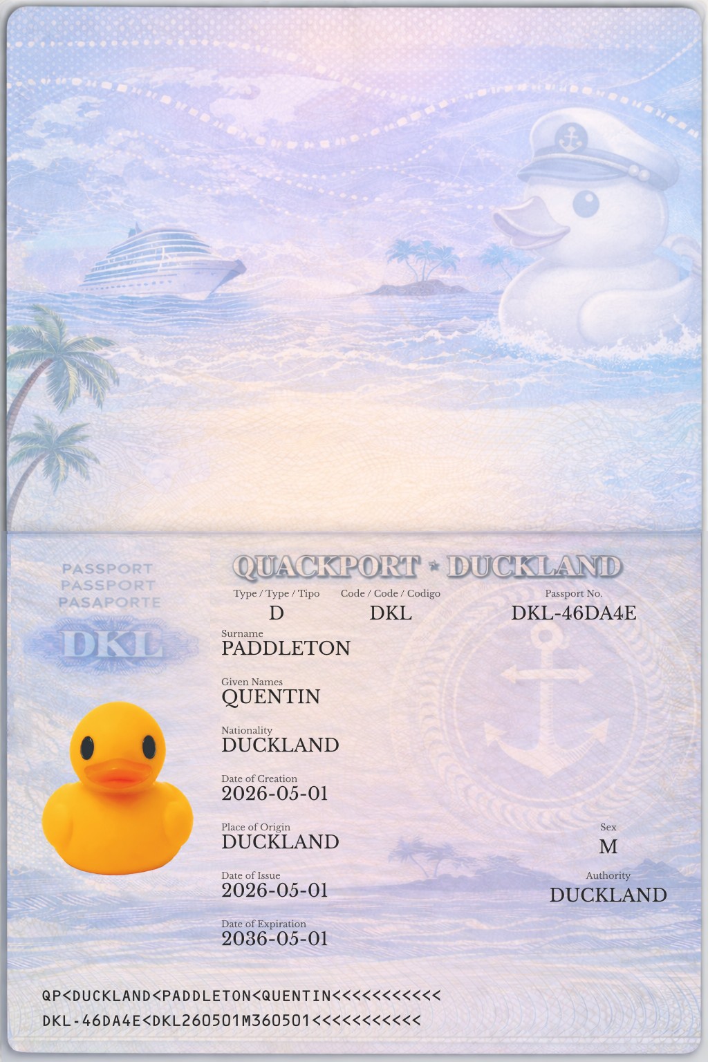 Official duck passport for QUENTIN PADDLETON