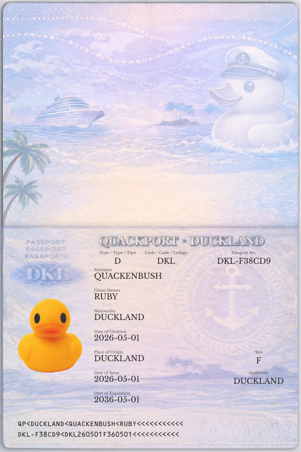 Official duck passport for RUBY QUACKENBUSH